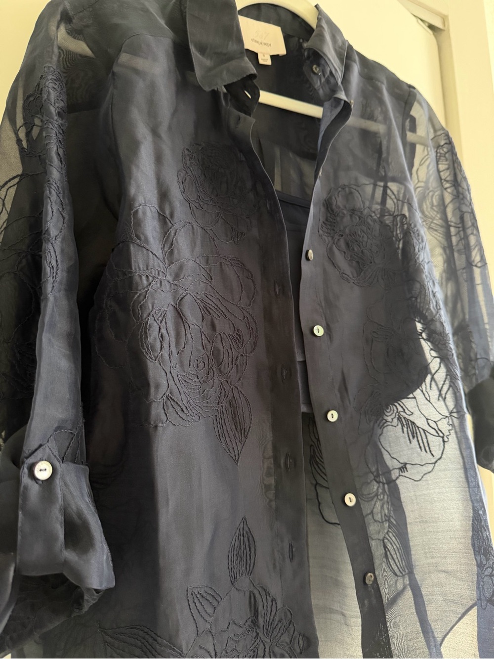 cinq a sept Navy Sheer Embroidered Button-Down Shirt - Picture 2 of 7